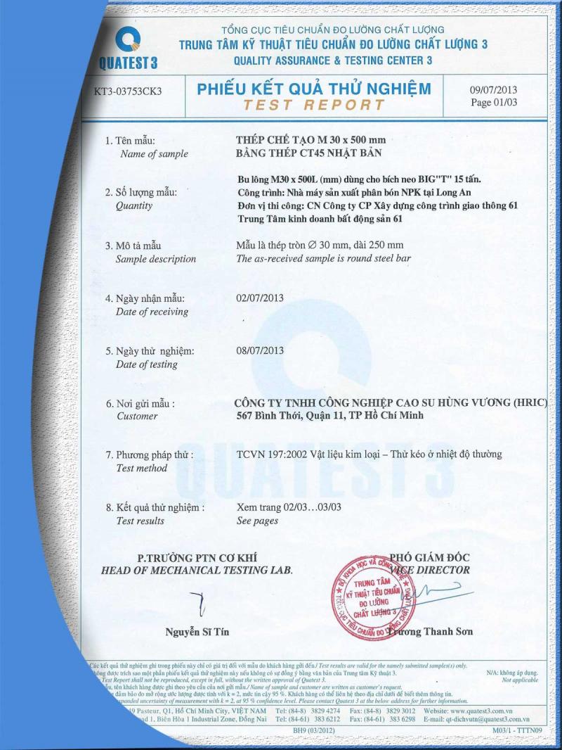 Hung Vuong Rubber Quality Certificate